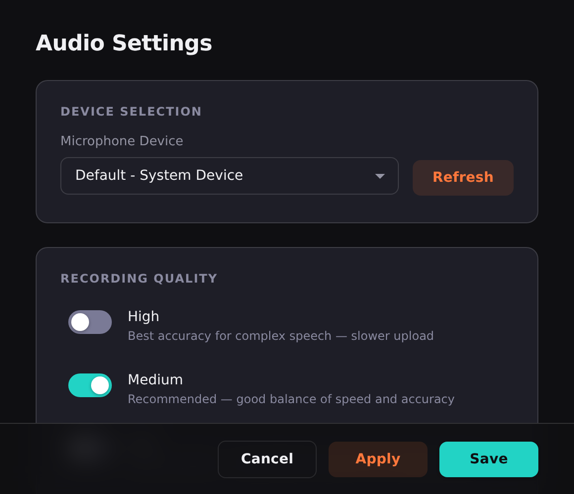 QuickSay audio settings panel displaying microphone configuration, noise reduction, and quality presets for different recording environments