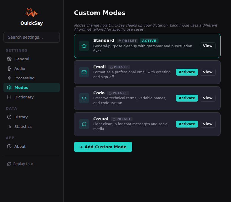 QuickSay Custom Modes panel showing Standard, Email, Code, and Casual formatting presets with Add Custom Mode option