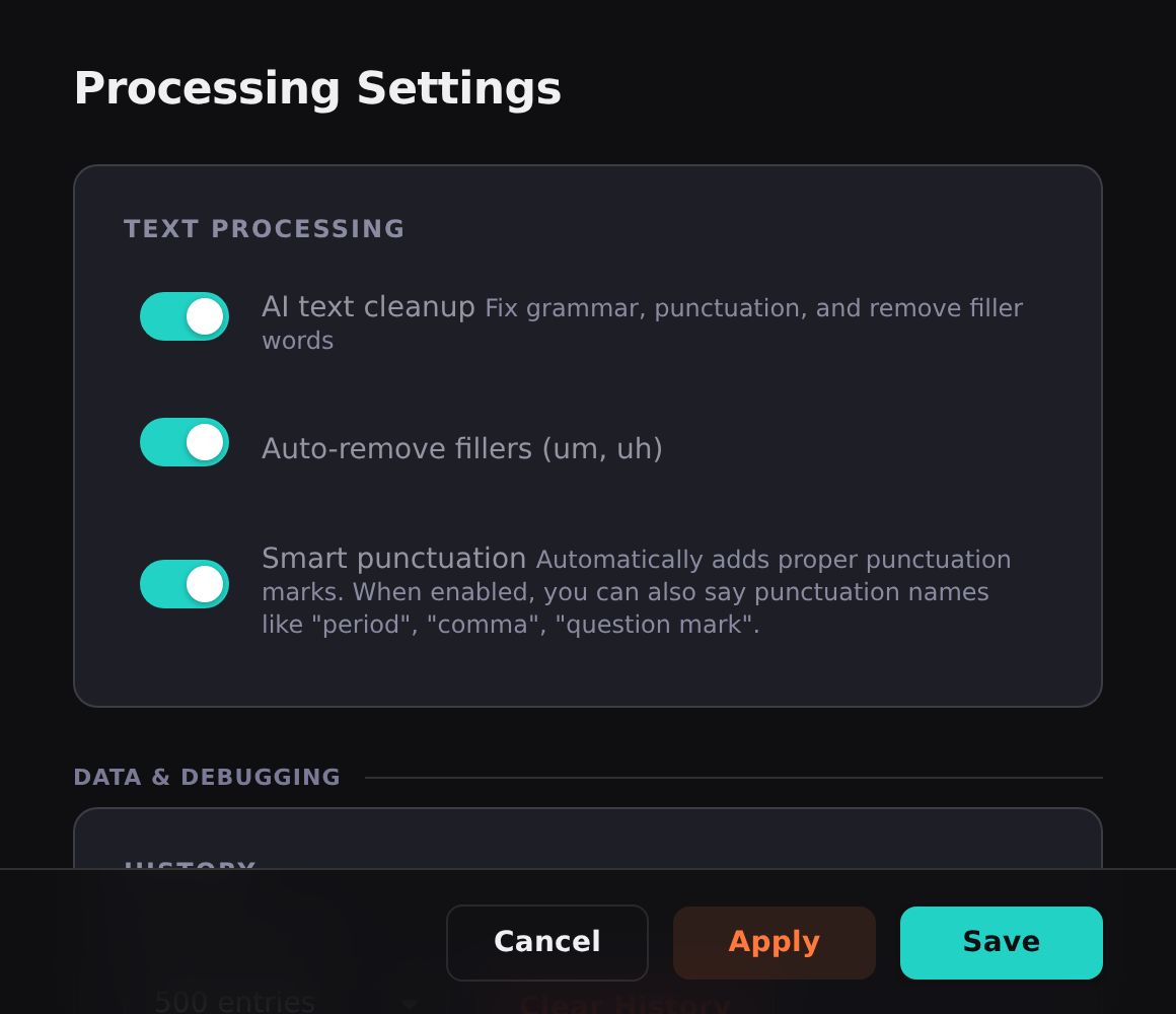 QuickSay processing settings showing AI cleanup options for automatic punctuation, capitalization, and formatting