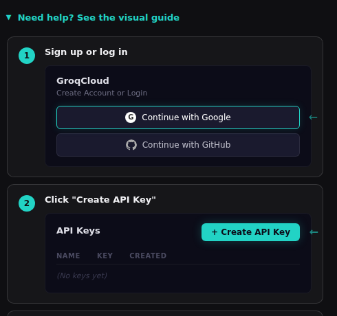 QuickSay's in-app visual guide showing how to create a Groq API key