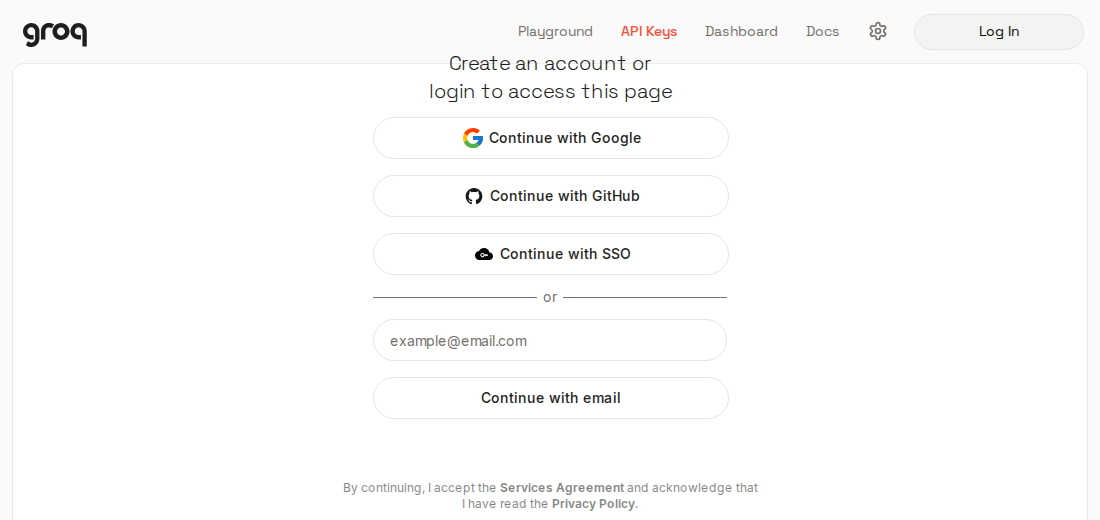 Groq console sign-up page with Google, GitHub, and email options