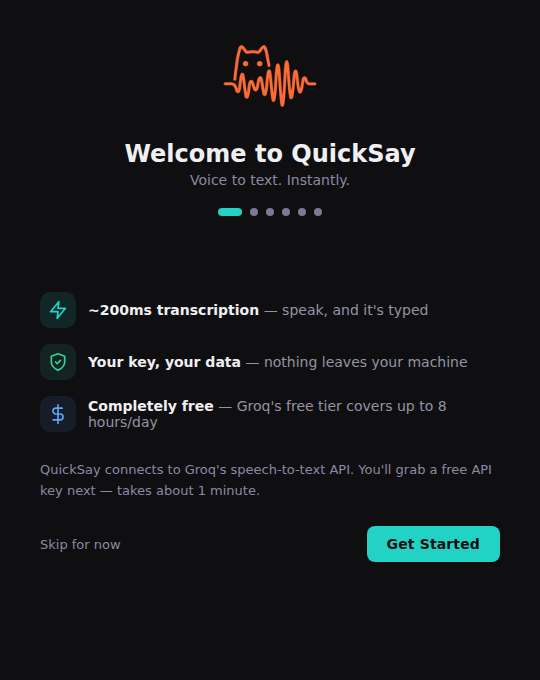 QuickSay welcome screen after installation