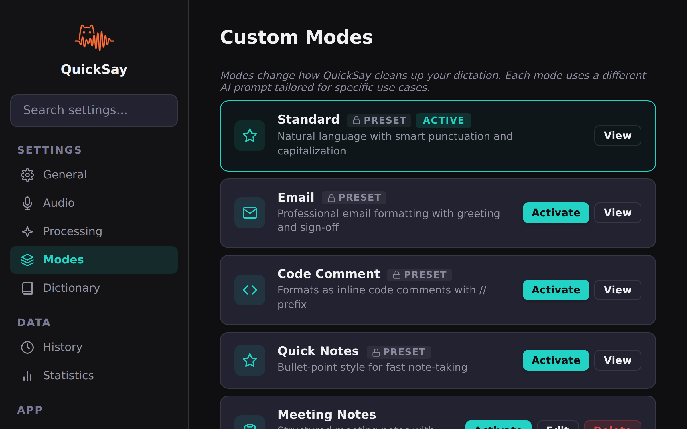 QuickSay smart features interface showing real-time transcription with AI text cleanup, custom dictionary, and voice commands