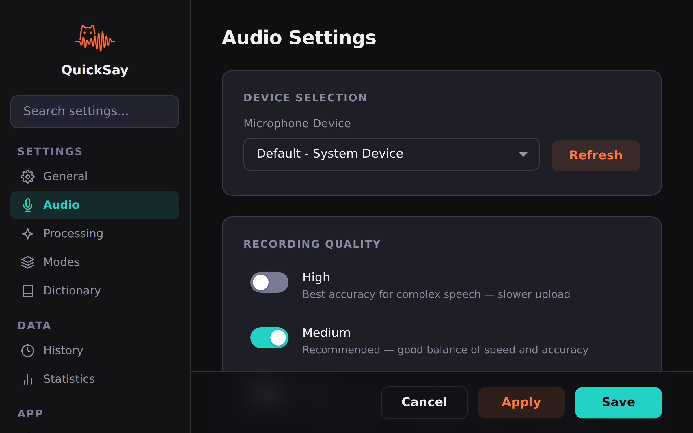 QuickSay audio settings panel showing microphone selection, recording quality presets, and audio input configuration