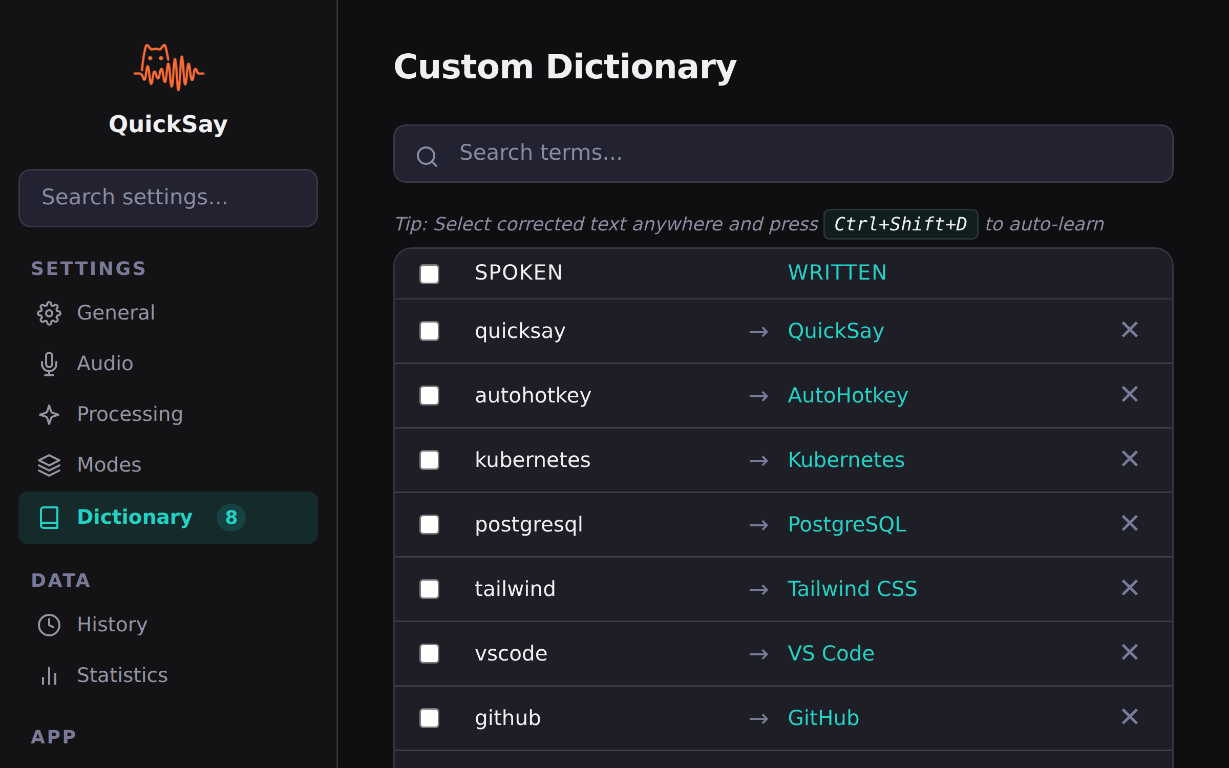 QuickSay Custom Dictionary showing user-defined terms, technical jargon, and pronunciation mappings