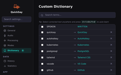 QuickSay custom dictionary for technical jargon, proper nouns, and brand names