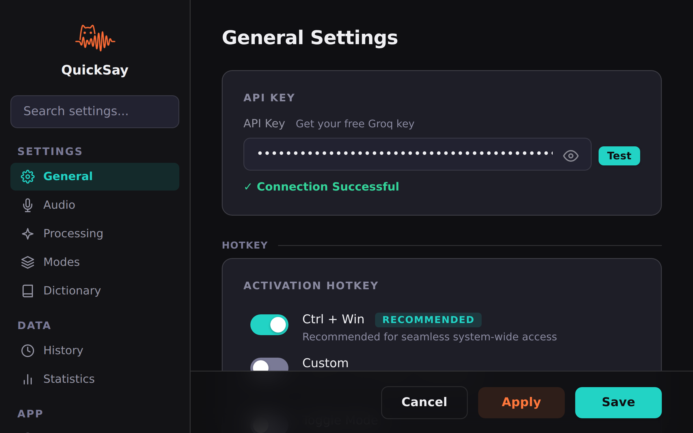 QuickSay general settings showing language selection, hotkey configuration, and startup options