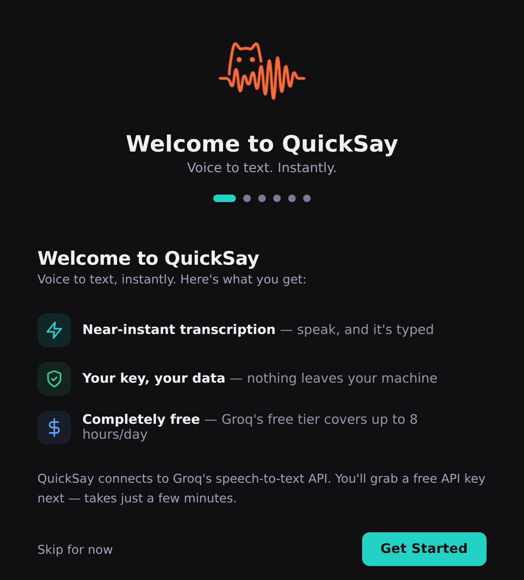 QuickSay setup wizard showing simple 3-step onboarding with account connection and microphone selection