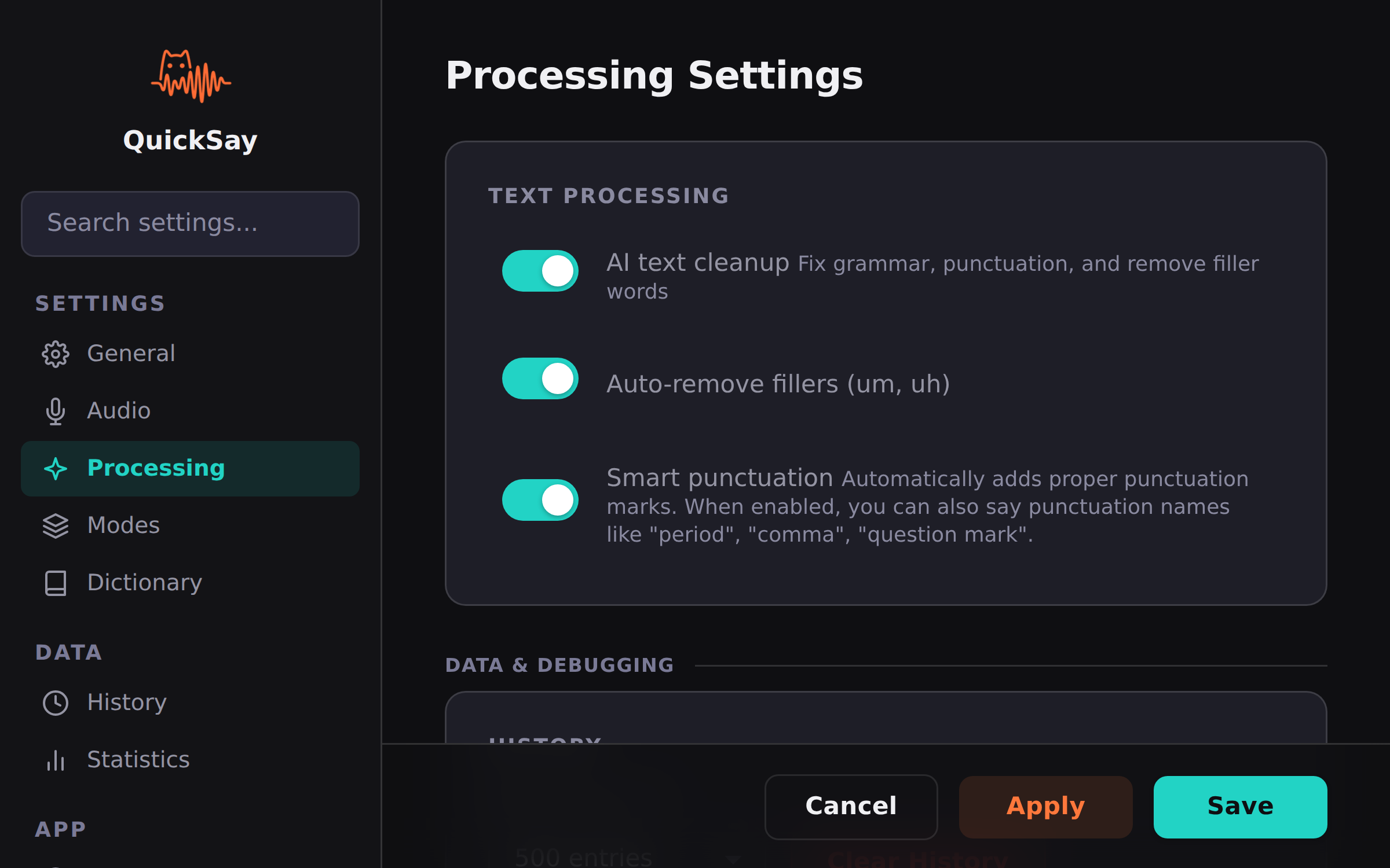 QuickSay processing settings showing AI cleanup options, punctuation handling, and command recognition settings